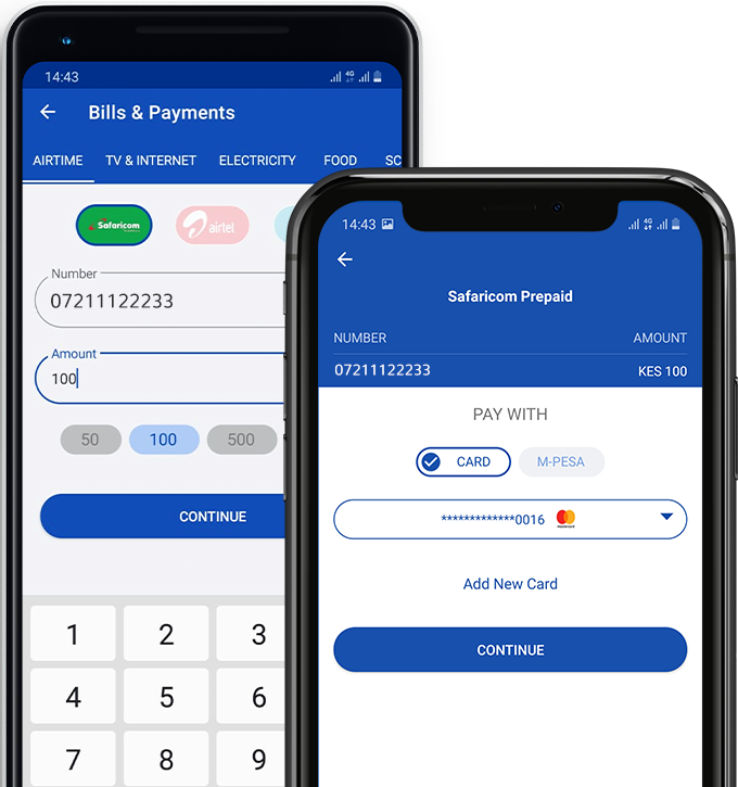 Card and M-Pesa payment screen on a mobile device