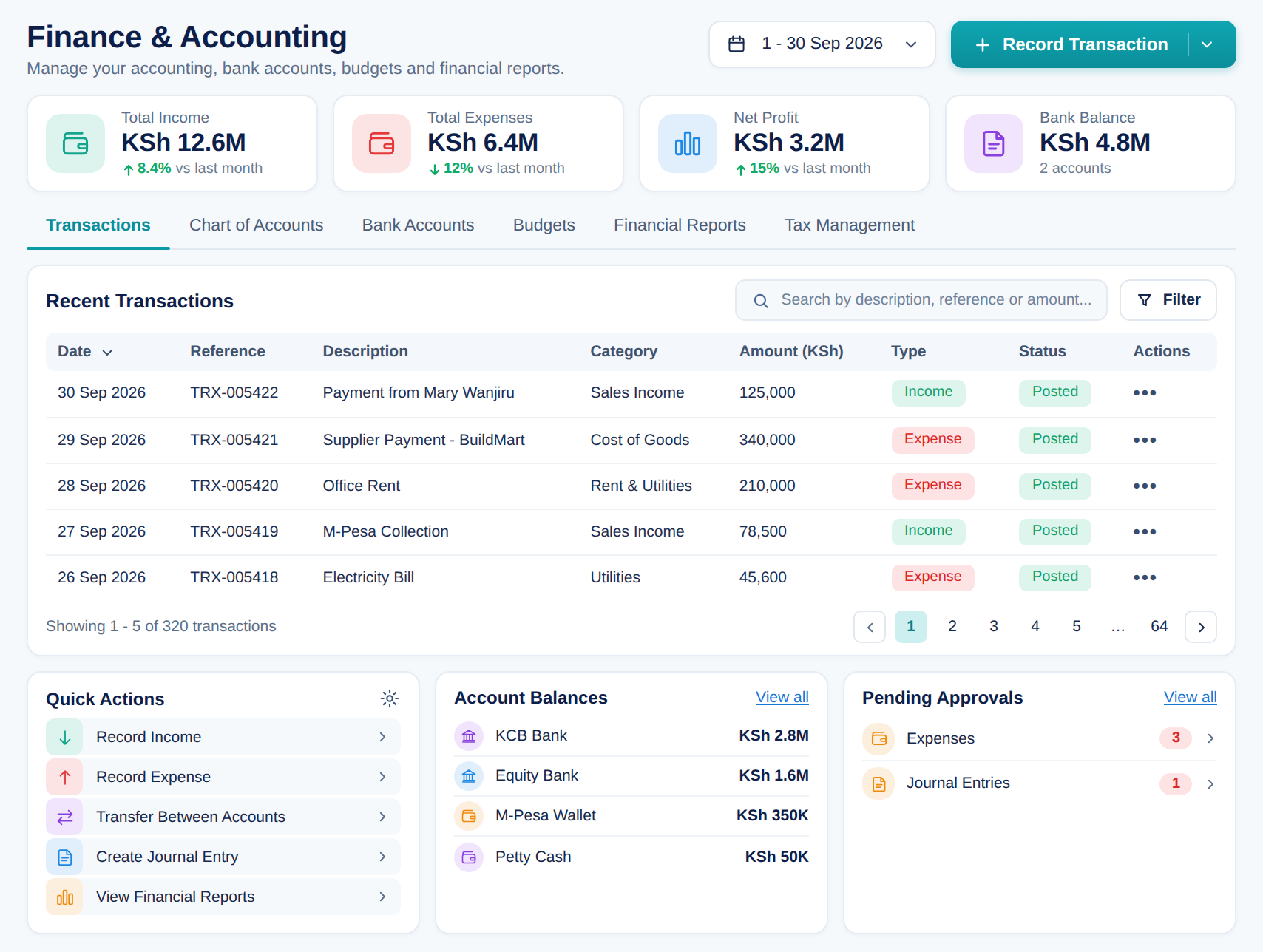 QUZA Finance and Accounting screen