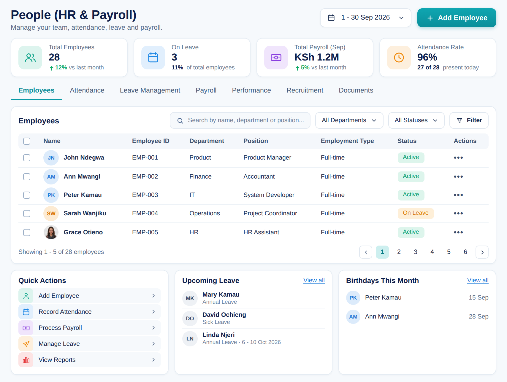 QUZA HR and Payroll screen