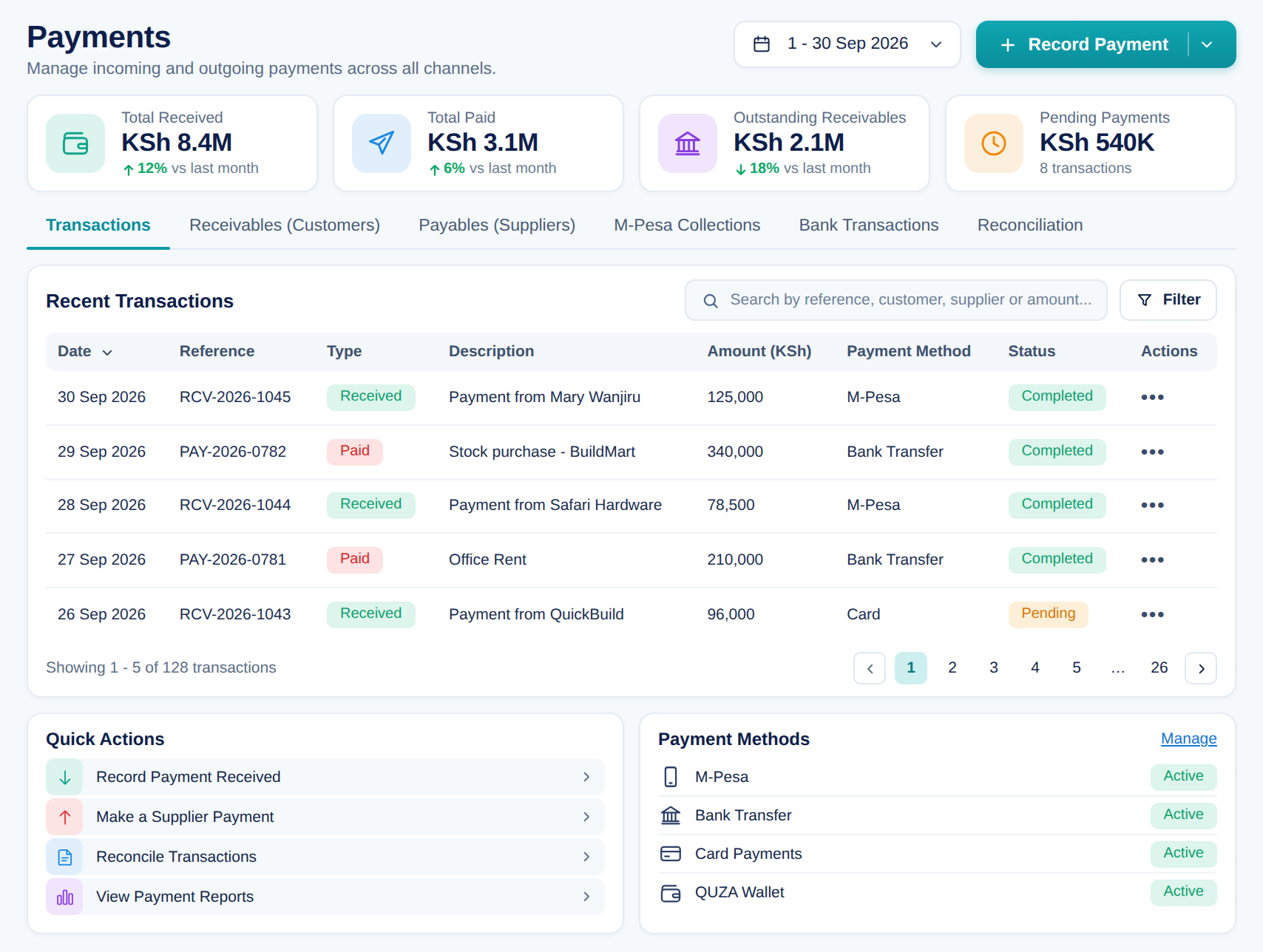 QUZA Payments screen