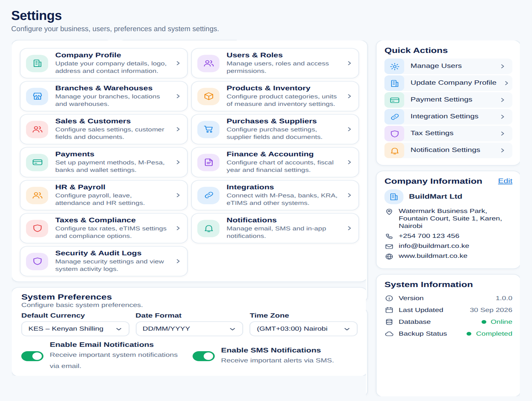 QUZA Settings screen