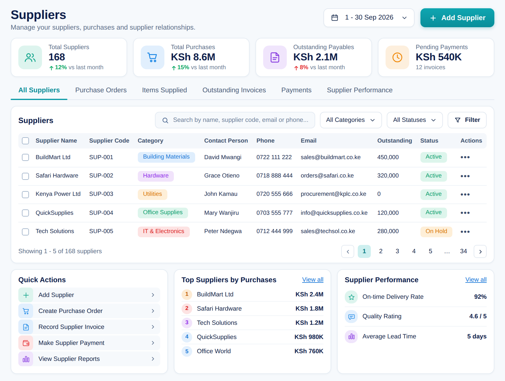 QUZA Suppliers screen